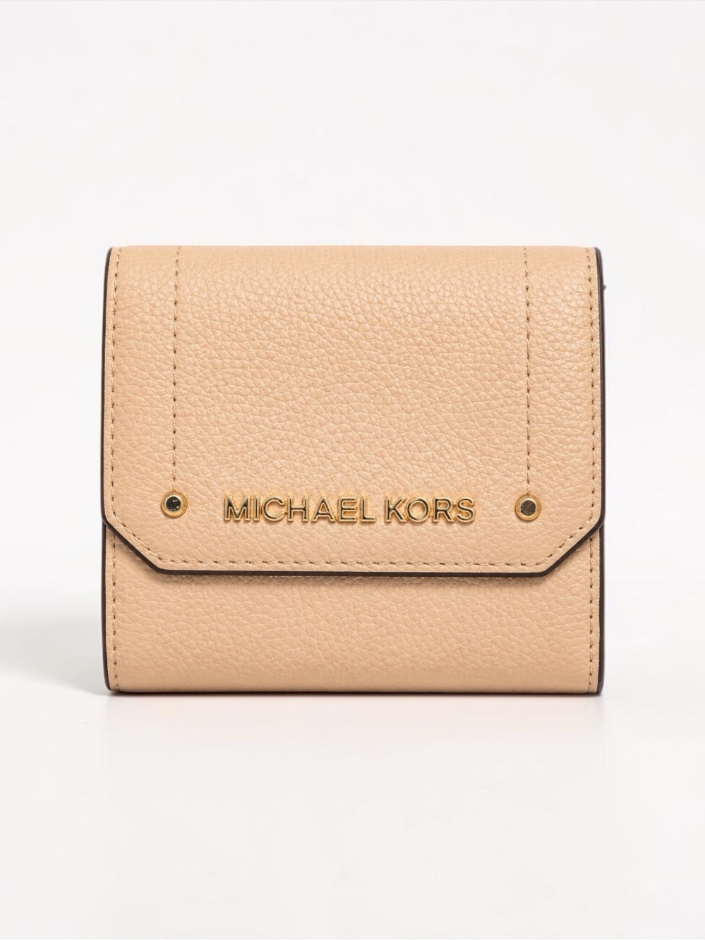 Michael Kors Hayes Trifold Wallet Pebbled Leather Beige Snap Small Compact - Picture 1 of 13